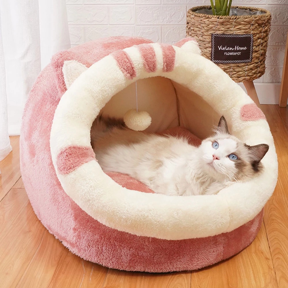 GIƯỜNG NỆM CHO THÚ CƯNG SIZE L HÌNH TAI MÈO MÀU HỒNG DỄ THƯƠNG