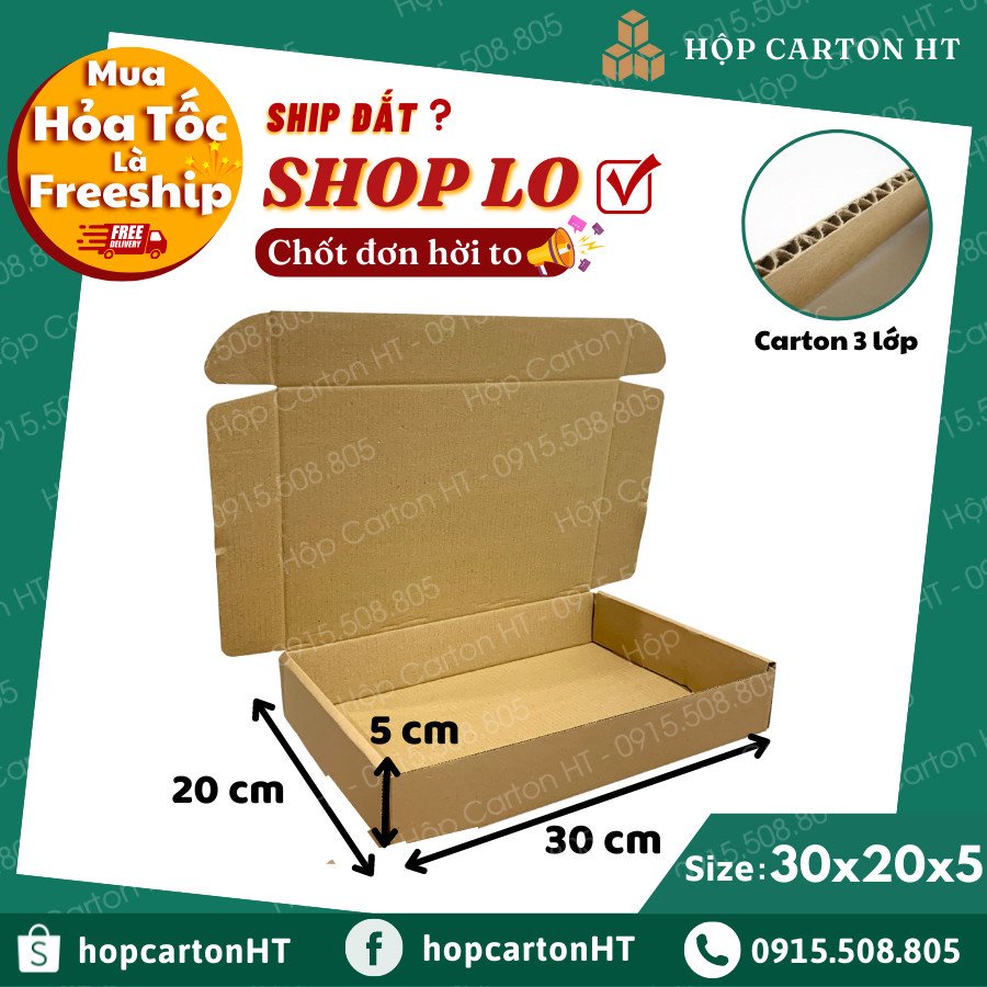 Combo 10 30x20x5 Hộp carton nắp gài, thùng bìa giấy cod nắp cài gói hàng quần áo, quà tặng handmade giá rẻ