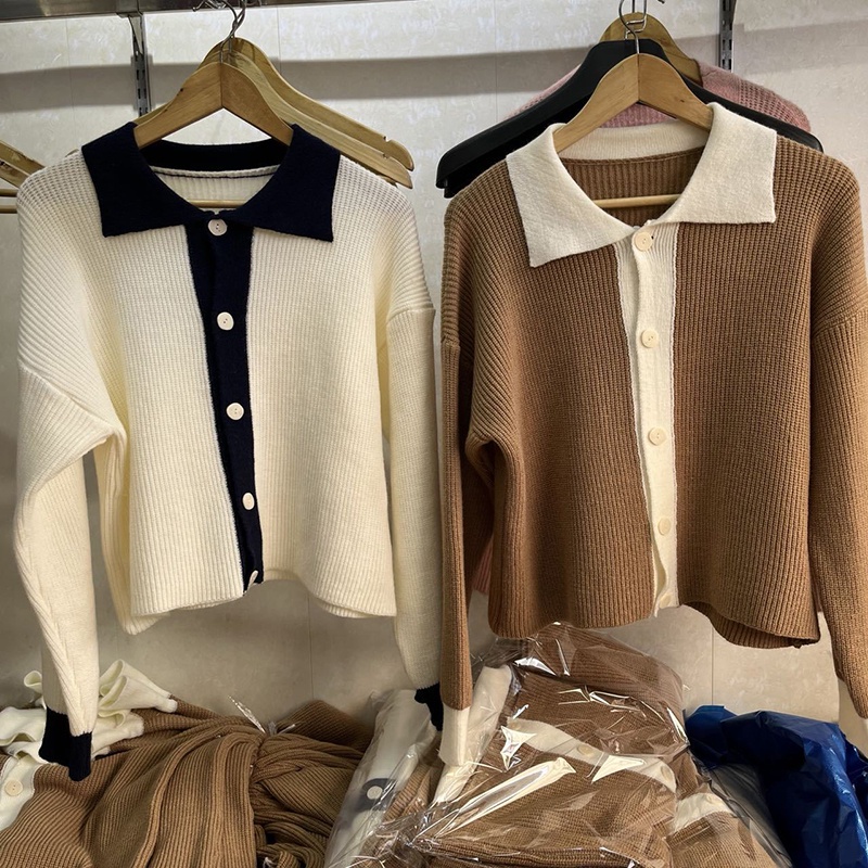 IELGY Áo Khoác cardigan Dệt Kim Dày Dặn Màu Sắc Tương Phản Phong Cách retro Cho Nữ