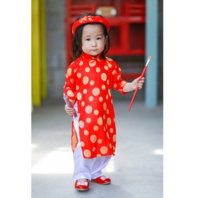 áo dài truyền thống gấm mẹ và bé gái kèm quần