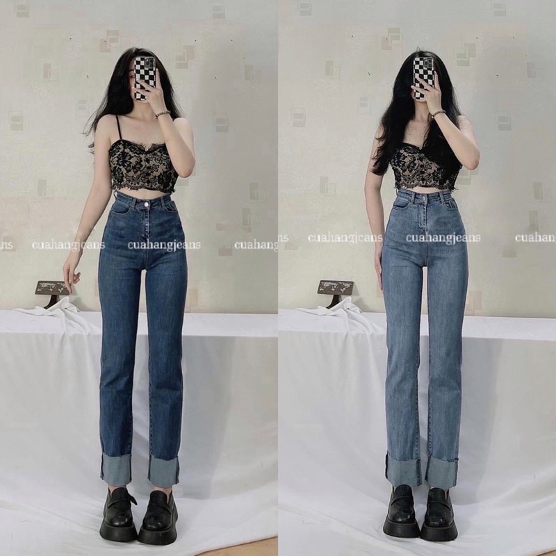 Quần jeans nữ ống đứng co giãn lưng cao lật lai 3 màu Cuahangjeans (ảnh thật)