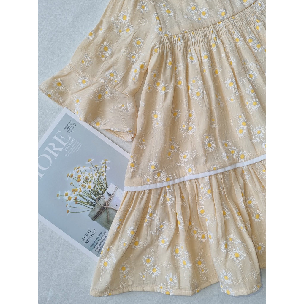 Đầm BabyDoll Bé Gái, Váy BabyDoll Bé Gái Tay Lỡ Họa Tiết Hoa Cúc Mùa Thu