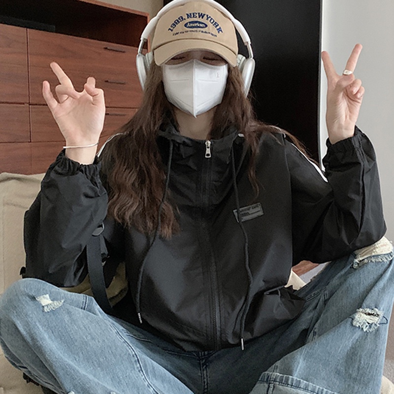 IELGY  Áo Khoác Tay Dài Có Nón Dáng Rộng Màu Sắc Tương Phản Phong Cách Hàn Quốc Cho Nữ