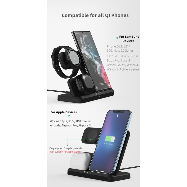 SAMSUNG Đế Sạc Không Dây 3 Trong 1 Cho galaxy watch 5 pro / 4 / 3 / active 2 / 1 s22 ultra note20 10 z flip 4 galaxy buds
