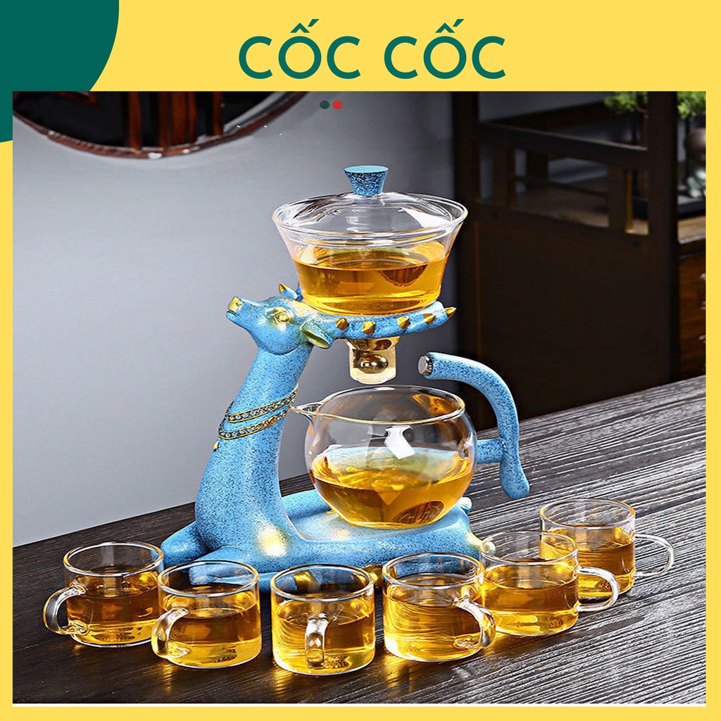 Bình trà 2 tầng thủy tinh kèm giá đỡ hươu xanh bằng gốm sứ ý nghĩa Phúc Lộc trang trí phòng khách, bàn trà, quà tặng