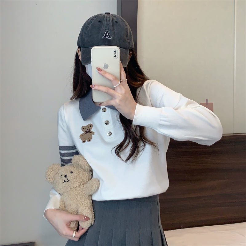 Áo Sweater Tay Dài Cổ Polo Thêu Hình Gấu Dễ Thương Thời Trang Mùa Thu Cho Nữ