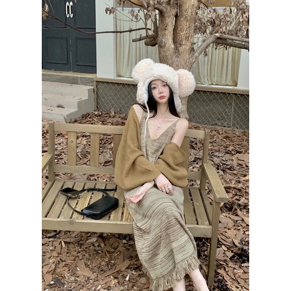 Váy Len Sọc Nâu Tua Rua Dáng Dài Vintage