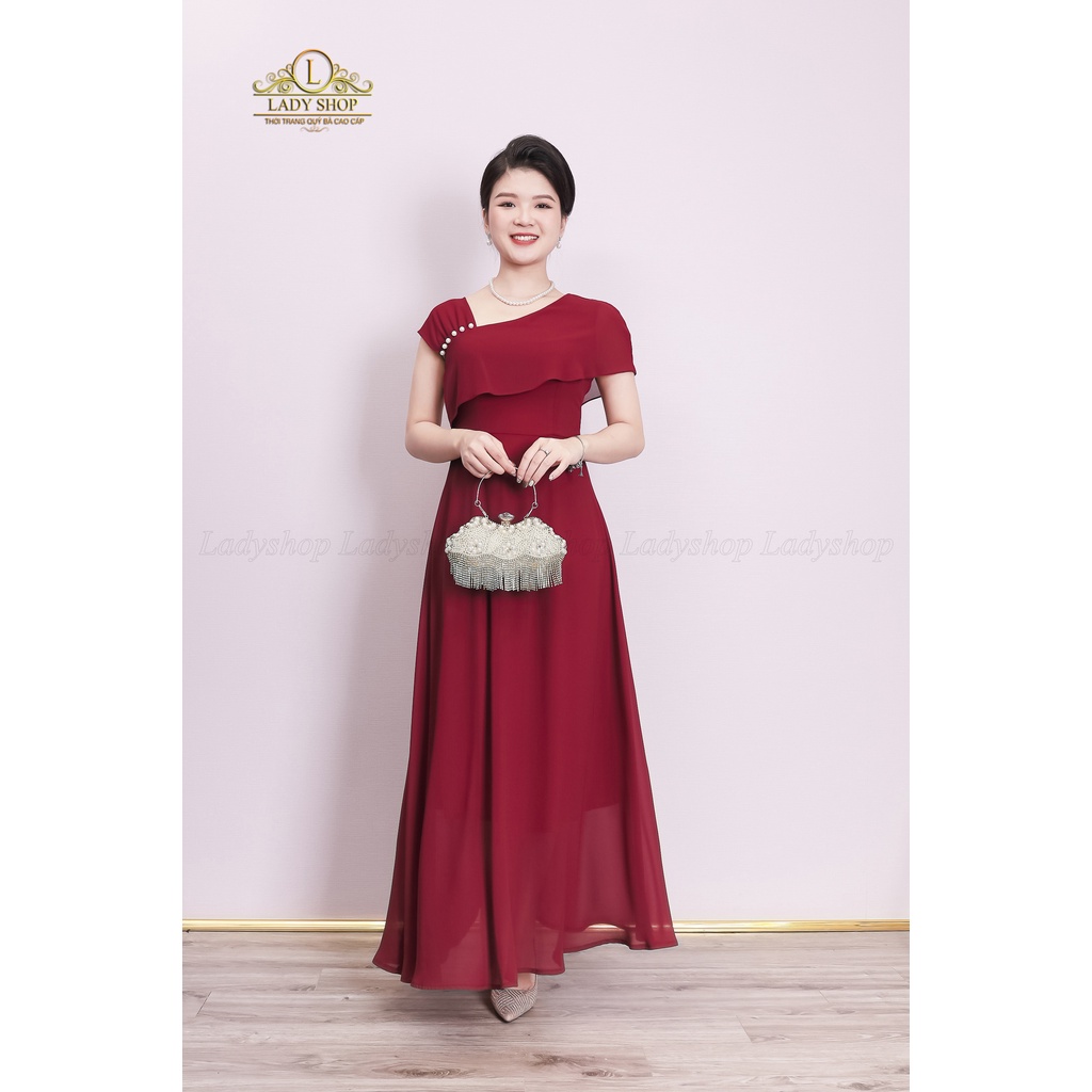 Đầm Maxi dạ hội voan tơ đỏ chéo vai kết trai Ladyshop thời trang trung niên cao cấp T8
