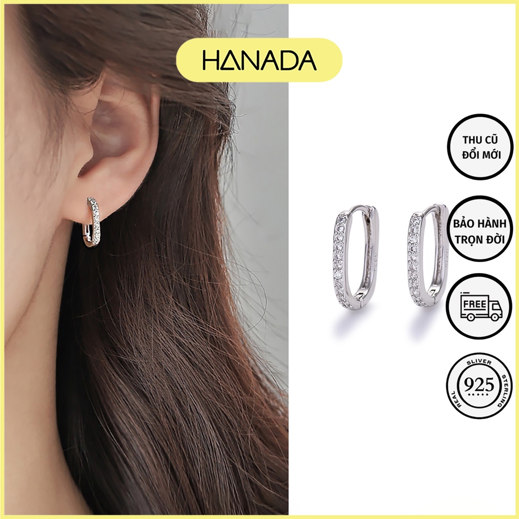 Khuyên Tai Tròn Bạc 925 Đính Đá Khuyên Tai Trơn Bản Chữ Nhật Dày Bấm Bật Hanada 1048