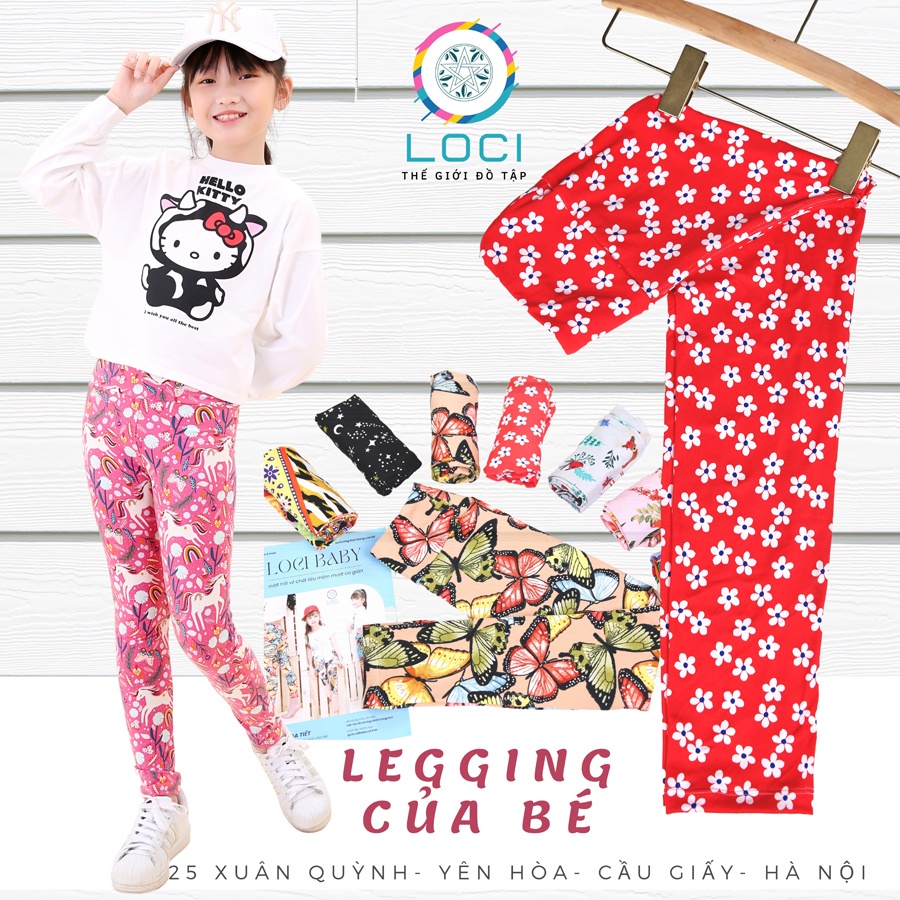 Quần legging dài cho bé gái LOCI, quần ôm cạp cao họa tiết cho bé 3 tuổi đến 45kg