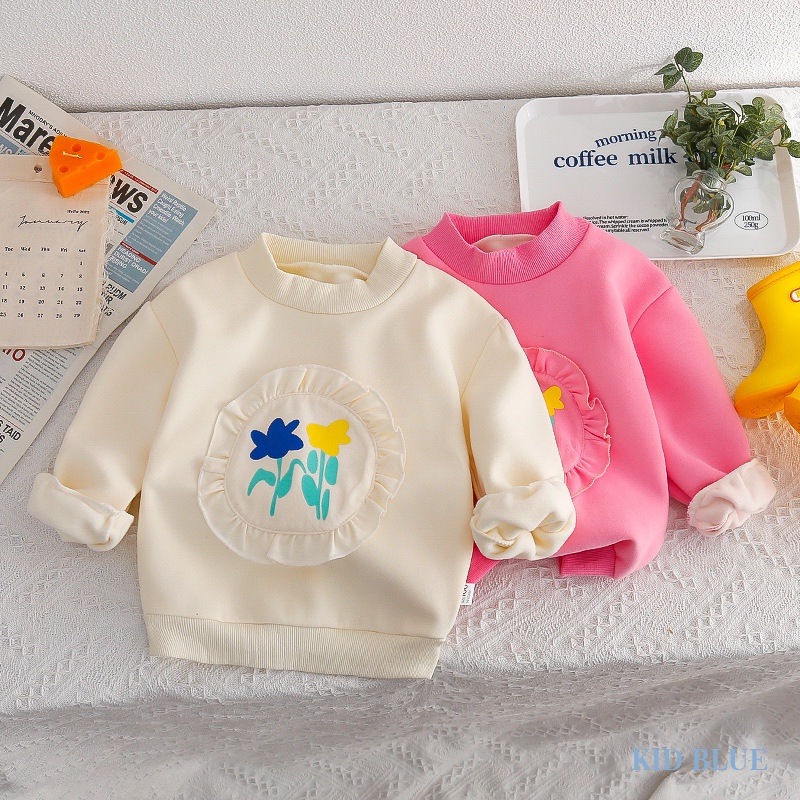 Áo Nỉ Cổ Tròn Lót Lông Cừu Dày Dặn Họa Tiết Hoa Nhỏ Dễ Thương Phong Cách Phương Tây Cho