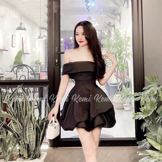  Váy gấm cúp ngực trễ vai 3 lớp xòe bồng công chúa Kemi đầm bẹt vai siêu hách dáng mặc đi tiệc ăn cưới 