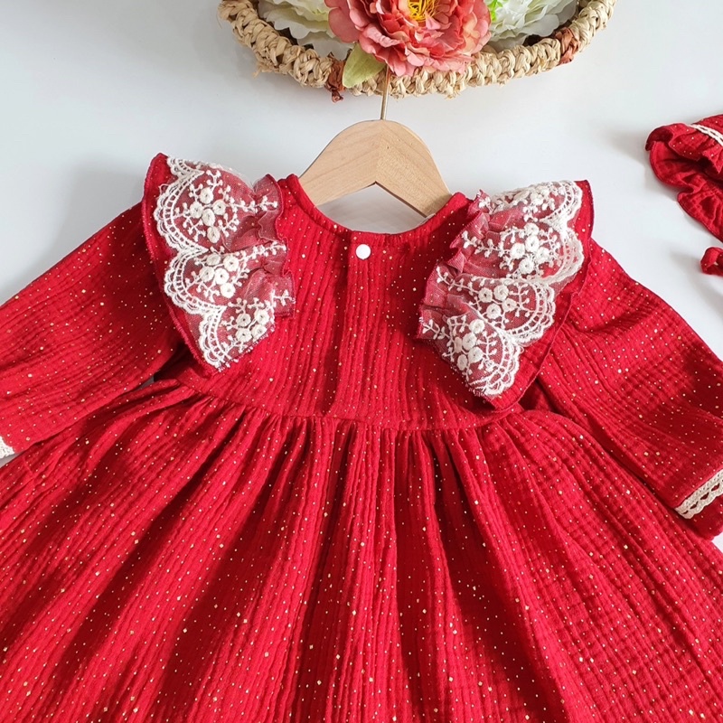 Váy Xô Muslin Đỏ Phối Ren, Body Váy Tơ Đỏ Nơ Xinh Xắn Cho Bé Gái Sơ Sinh