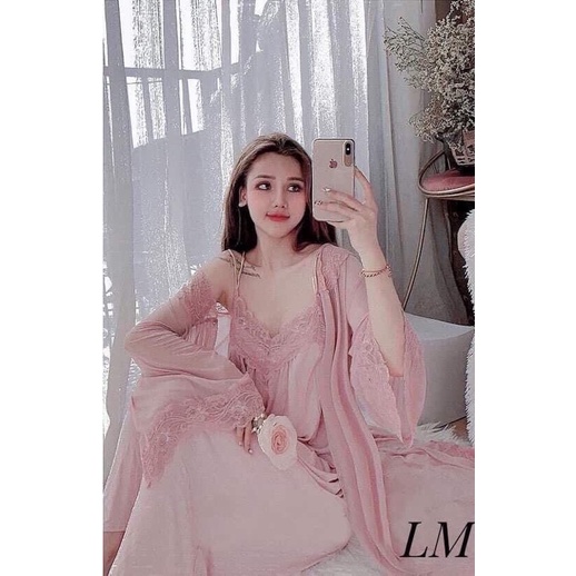SP.33 Set váy ngủ thun co giãn kèm áo choàng von mềm dáng dài, đầm ngủ Quảng Châu cao cấp