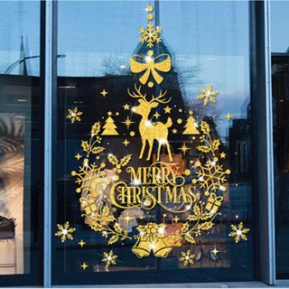 Decal dán tường Noel - Vòng nguyệt quế lớn nhiều phụ kiện nhũ kim tuyến vàng