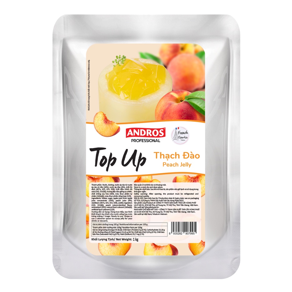 Thạch Topping Đào - Không Chất Bảo Quản - ANDROS TOP UP - Nguyên liệu pha chế - 1 KG