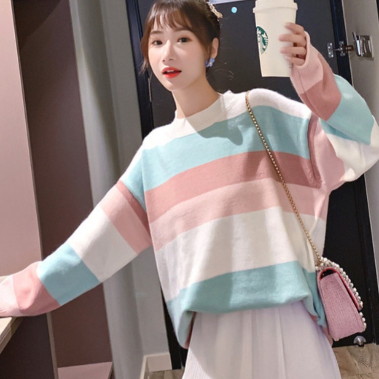 Áo Sweater Dáng Rộng Họa Tiết Kẻ Sọc Màu Cầu Vồng Phong Cách Mới 2020 Dễ Phối Đồ