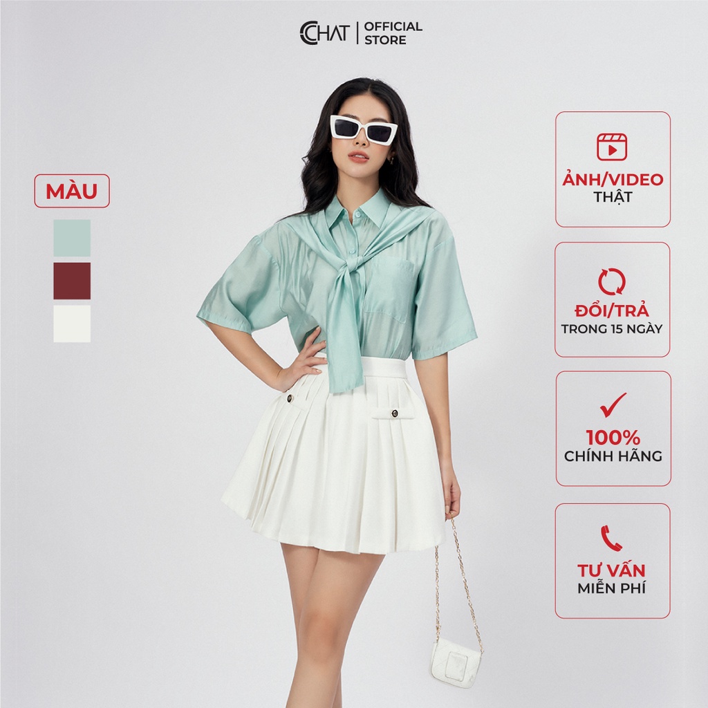 Áo Sơ Mi Nữ 𝐂𝐂𝐇𝐀𝐓 Kiểu Vai Trễ Khăn Quàng Cổ Chất Voan Cao Cấp 22FNV2002ST