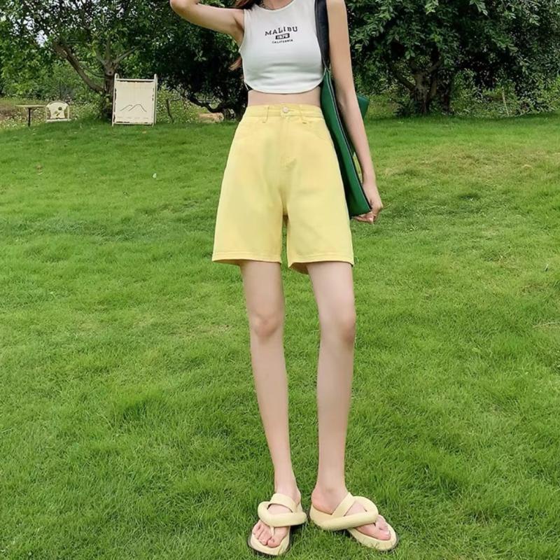 Quần short denim, phiên bản Hàn Quốc Quần short denim cạp cao ống rộng 6 điểm, quần short denim mỏng thường ngày màu trơn cho nữ