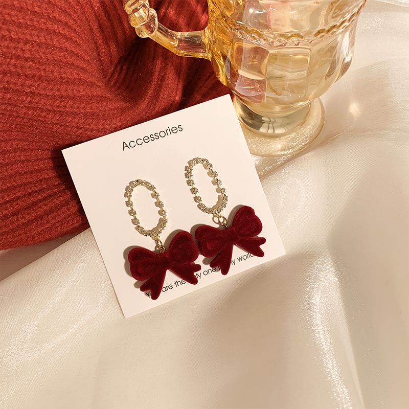 [ HOT] BÔNG TAI KHUYÊN TAI NƠ NHUNG ĐÍNH ĐÁ SANG TRỌNG NỔI BẬT TIỆC TÙNG CHO NỮ