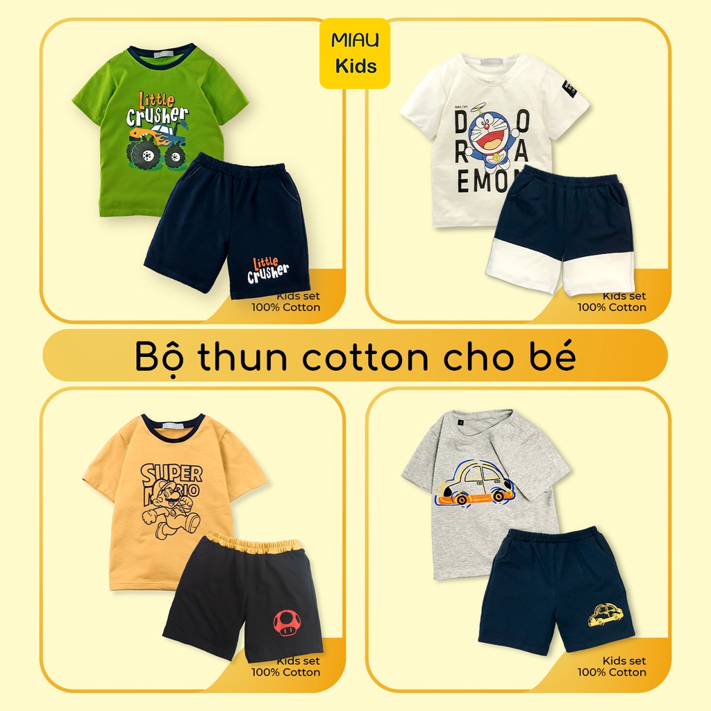 Bộ Bé Trai Họa tiết Doraemon, Khủng Long, Xe Ô tô đáng yêu Chất thun Cotton co giãn thoáng mát cho bé mặc đi học đi chơi