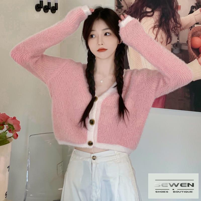 Áo Khoác Cardigan Dệt Kim Ngắn Mềm Mại Màu Hồng Phong Cách Hàn Quốc Thanh Lịch Thời Trang Thu Đông Dành Cho Bạn Nữ