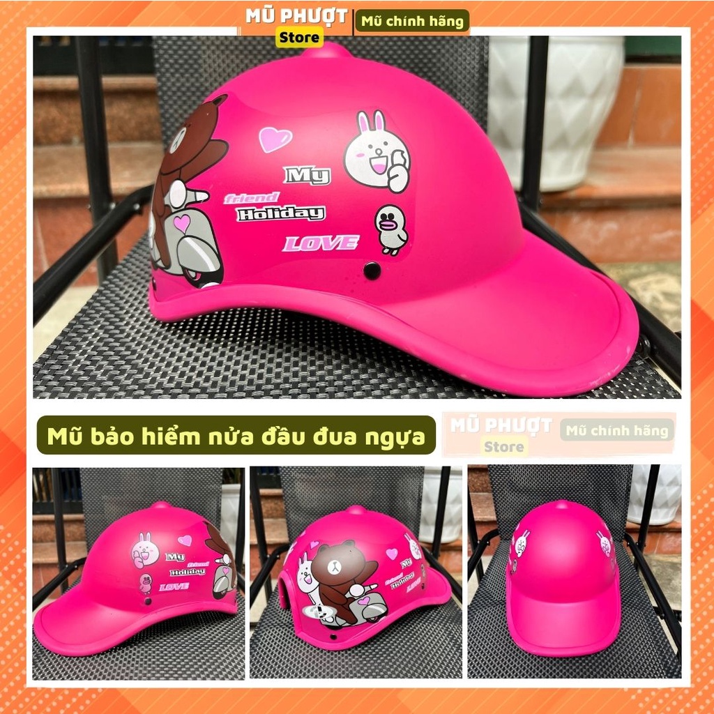 Mũ bảo hiểm nửa đầu lưỡi trai thời trang nam nữ trí liễu tím tem gấu cao cấp nhiều màu sắc