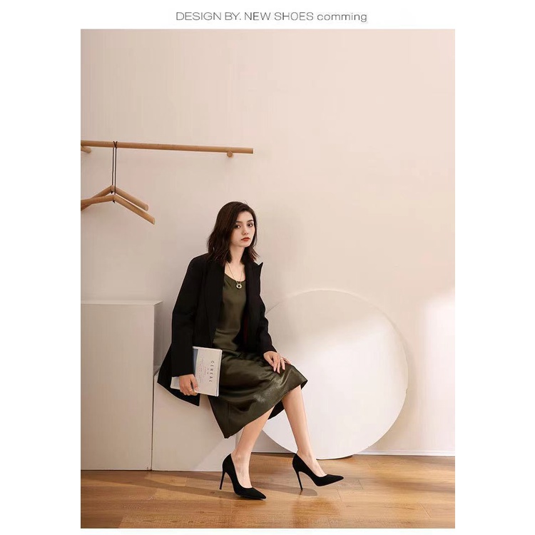 Giày Cao Gót Da Lộn Mũi Nhọn Màu Đen Phong Cách Pháp Thời Trang Mùa Thu 2022 Cho Nữ