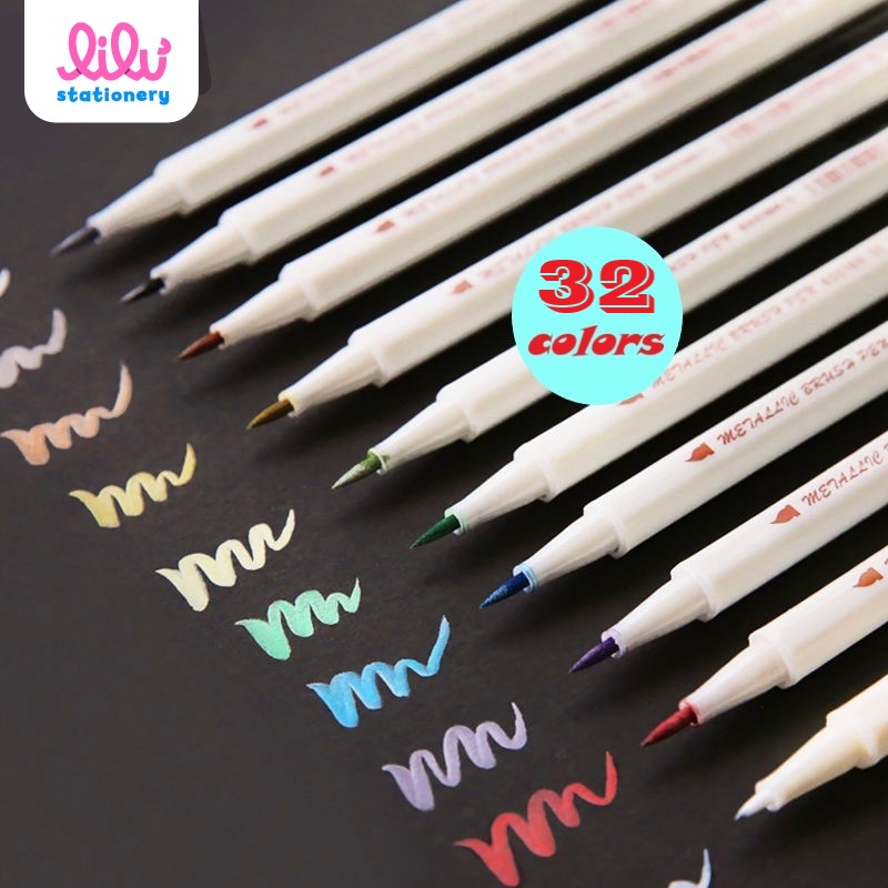 Bút lông vẽ sắc màu ánh kim nghệ thuật DIY brush pen soft calligraphy metallic 32 màu. MS: NO5566
