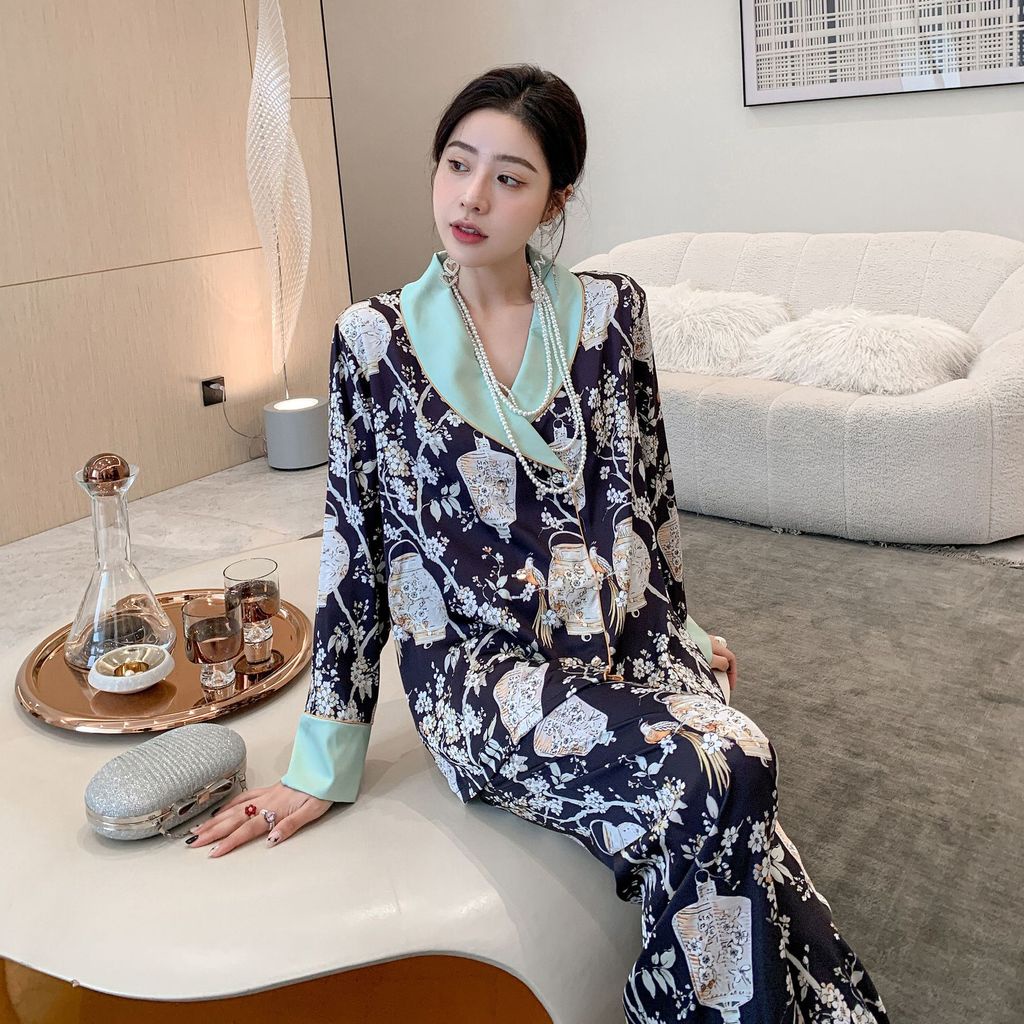 Bộ Đồ Ngủ Tay Dài Chất Lụa Mát In Họa Tiết Thời Trang 2023 Cho Nữ