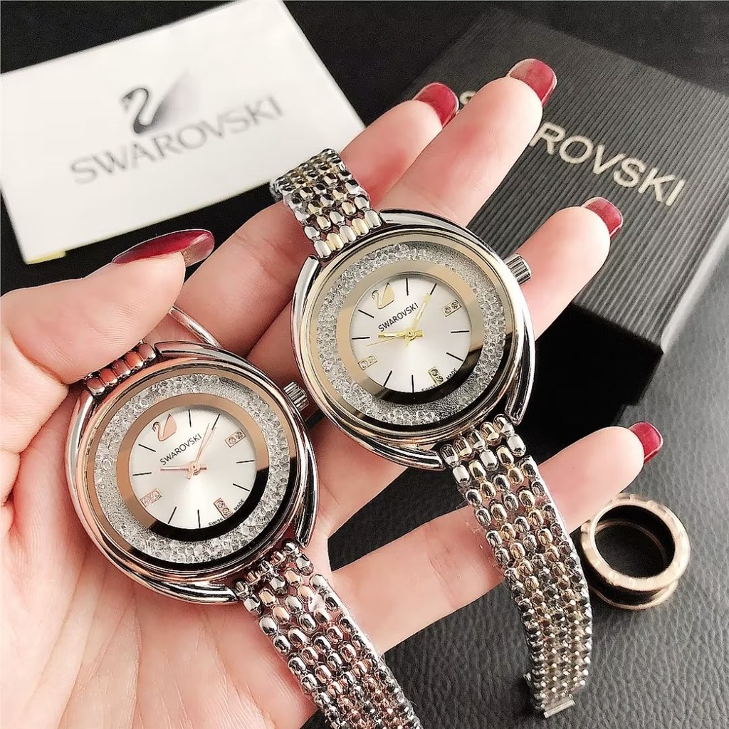 Đồng Hồ Đeo Tay Swarovski Mặt Tròn Đính Đá Thời Trang Cho Cặp Đôi