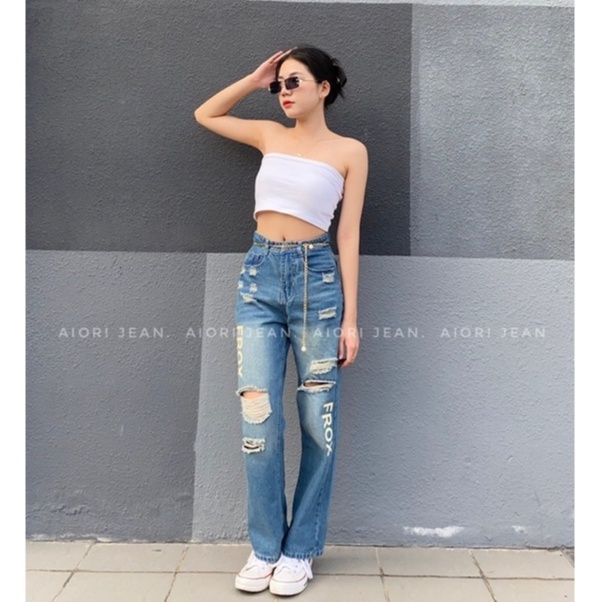 Quần Jean Ống Rộng AIORI Lưng Cao Dáng Suông Rộng Rách Kiểu In Chữ Cực Xinh