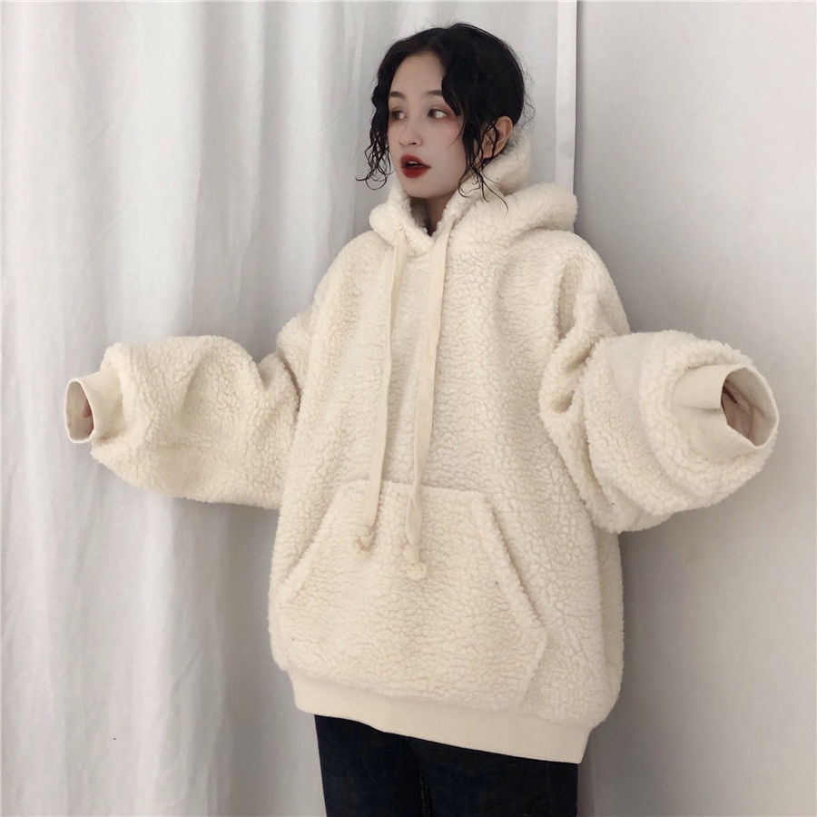 Áo khoác hoodie lông cừu form rộng có mũ phong cách Hàn Quốc, màu trắng cho nàng mùa đông ấm áp.TH66