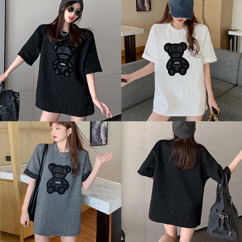 Áo Thun Tay Ngắn Cổ Tròn Thêu Hình Gấu Dễ Phối Đồ Thời Trang Cho Nữ