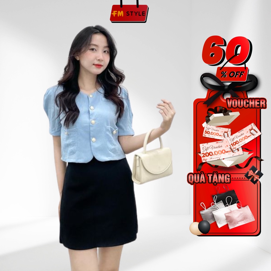 Áo croptop FM STYLE kiểu nữ tay phồng 4 túi phối 8 nút lai bầu phong cách thời trang Hàn Quốc 206270009