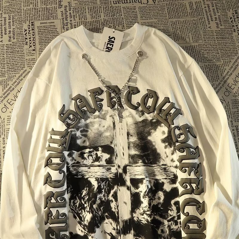 Áo Thun Tay Dài Dáng Rộng In Chữ Thập Phong Cách Âu Mỹ Thời Trang Cho Nam