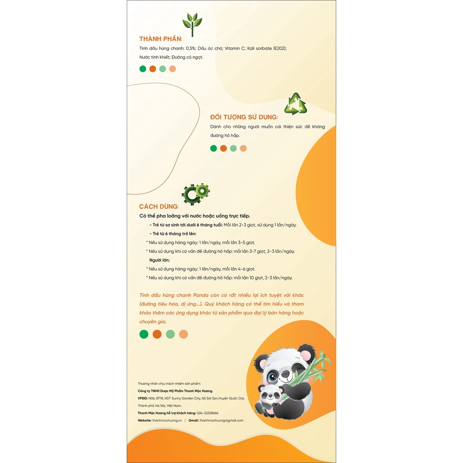 Tinh Dầu Húng Chanh Lên Men Panda Thanh Mộc Hương Giảm Ho Sổ Mũi Tăng Sức Đề Kháng Cho Trẻ  30ml