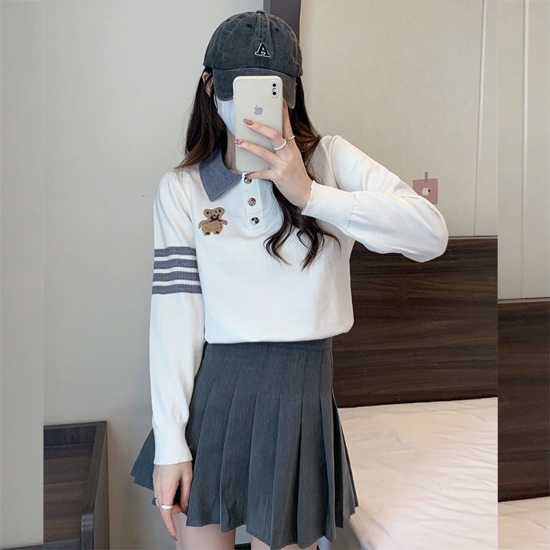 Áo Sweater Tay Dài Cổ Polo Thêu Hình Gấu Dễ Thương Thời Trang Mùa Thu Cho Nữ