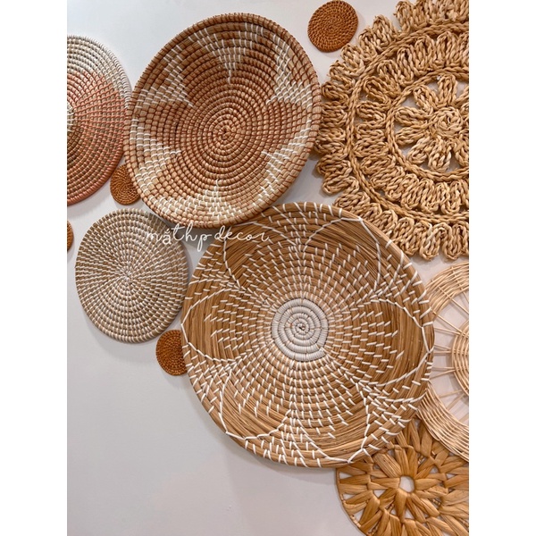 Kho sản xuất set đĩa cói treo tường tone màu trắng nâu vintage