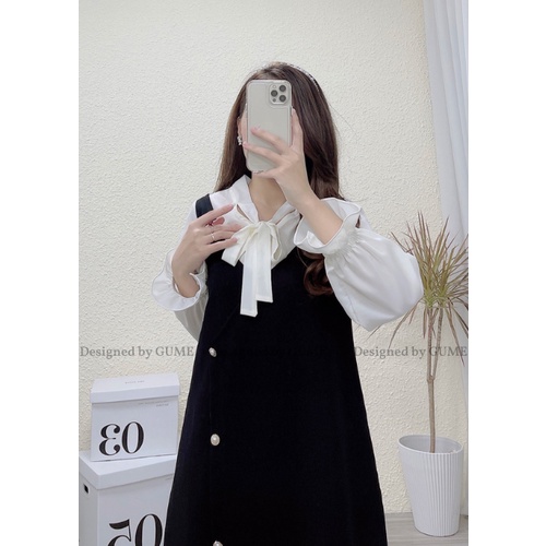 Váy bầu bigsize - Đầm bầu thiết kế GuMe màu đen dáng suông GIẢ YẾM đính cúc ngọc sang chảnh, cổ nơ xinh xắn- MB176