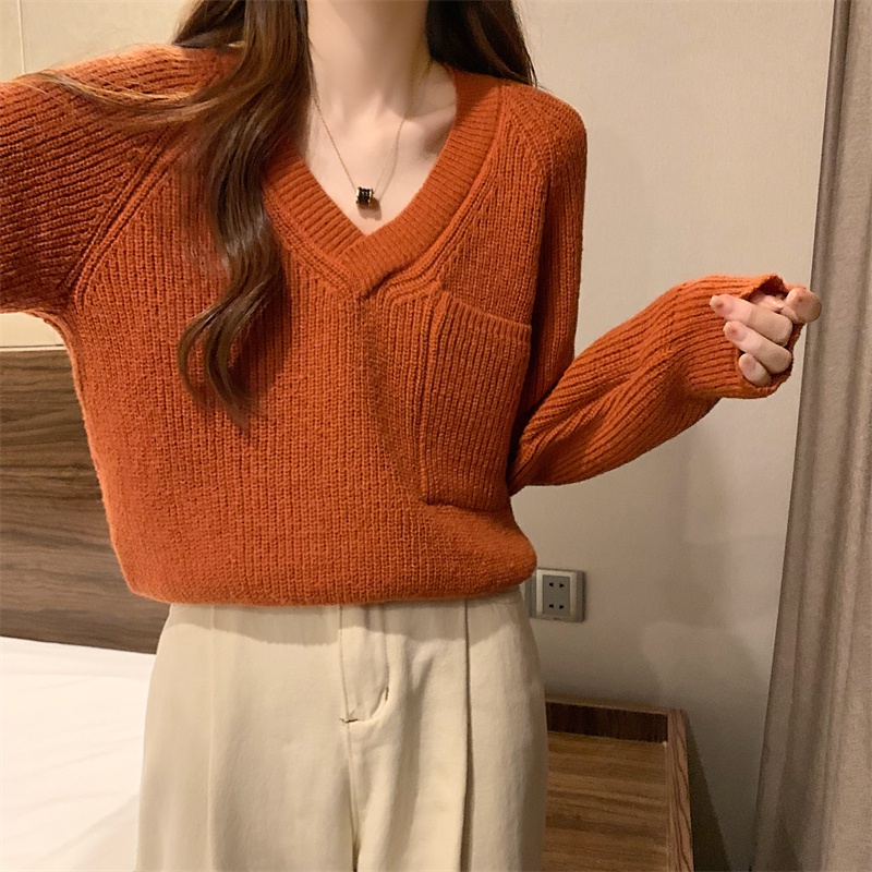 Áo Len Cổ Chữ V Dáng Rộng Có Túi Thời Trang Thu Đông Mới