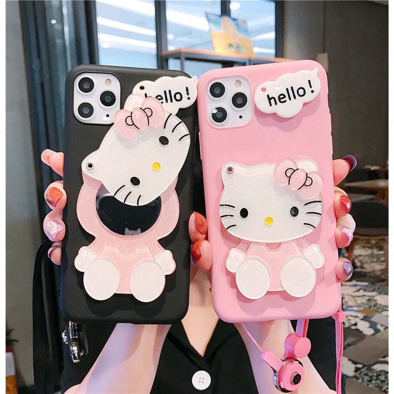 Compatible For OPPO Reno 8T 8Z 7Z 8 Pro 5 4 Realme 11 10 Pro+ 9 4G 8 5G C53 C55 C51 C33 C21Y C25Y C21 C25 C25S C20 C11 C17 7i C15 C12 Ốp Điện Thoại Cho Creative Hello kitty makeup mirror rope