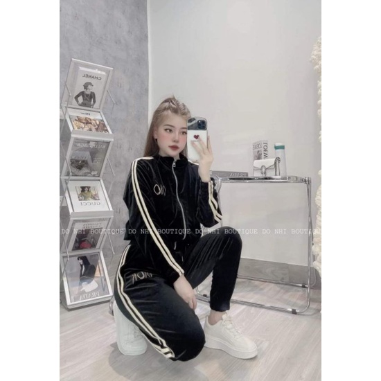 Bộ nhung di+or áo khoác quần bo gấu thể thao