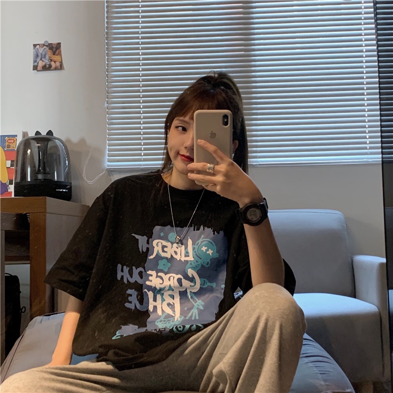 Áo Thun Ngắn Tay Dáng Rộng In Họa Tiết Xinh Xắn Theo Phong Cách Hàn Quốc