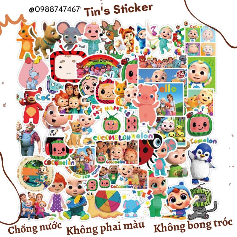 Set combo 50 miếng dán sticker thiếu nhi COCOMELON JJ chống thấm nước dán nón mũ bảo hiểm laptop vali sổ sách