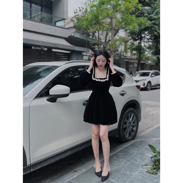 Váy Nhung Đen Dài Tay Cổ Vuông Viền Bèo Ren Dáng Xếp Li Siêu Xinh Hàng Chuẩn Đẹp