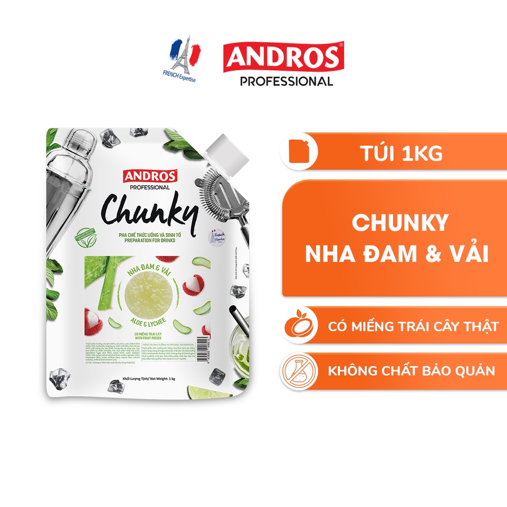 Mứt Trái Cây Pha Chế Nha Đam & Vải - Có miếng trái cây thật - Nguyên liệu pha chế - ANDROS CHUNKY - 1kg