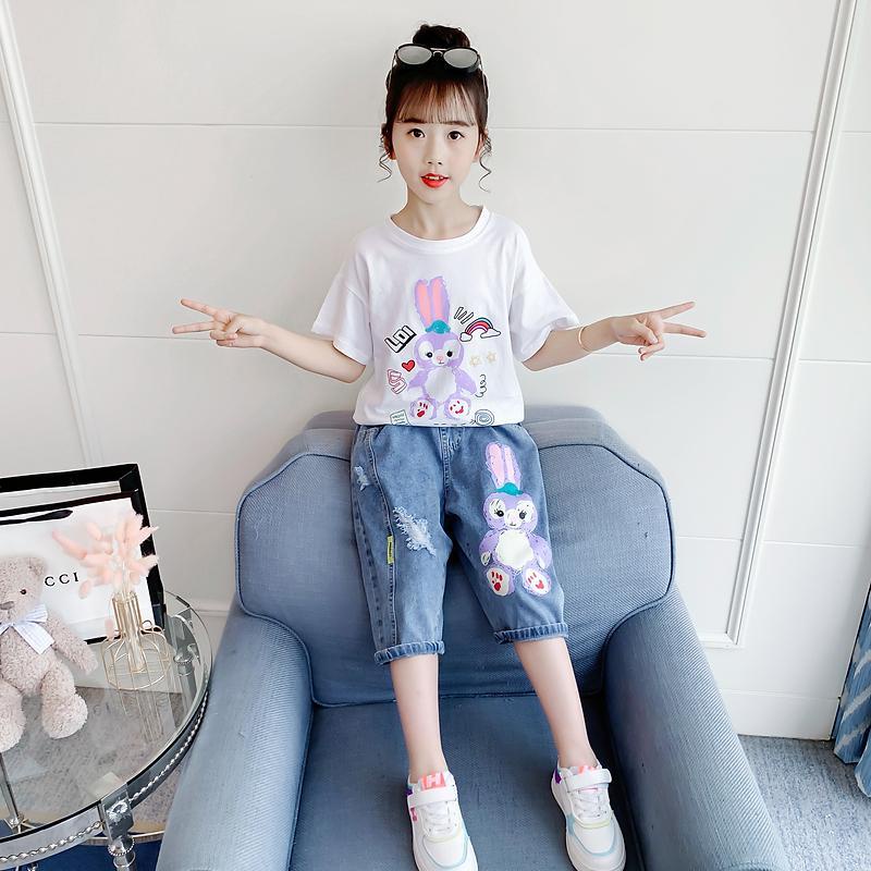Set Áo Thun Tay Ngắn In Họa Tiết Hoạt Hình Và Quần Jeans Thời Trang Mùa Hè Cho Bé Gái