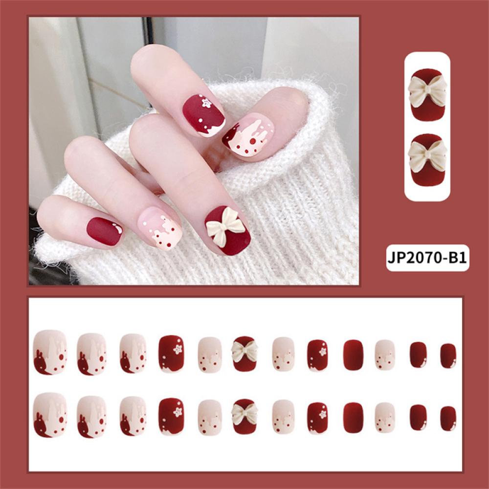 Bộ 24 Móng Tay Giả Ngắn Hình Nơ / Trái Tim Màu Xanh Dương K6P8