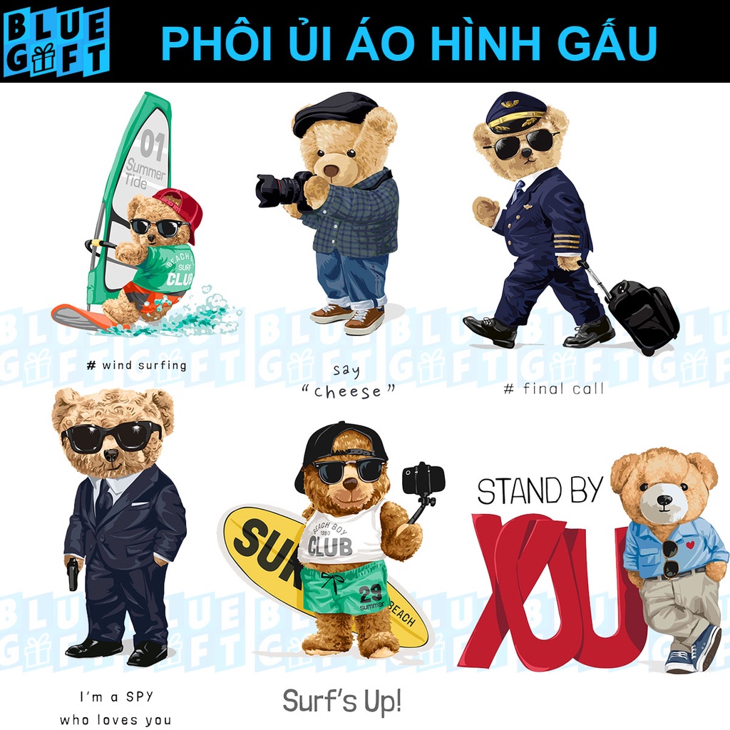 (Hình Ủi Nhiệt Quần Áo - Miếng Dán Ủi Quần Áo) Có In Theo Yêu Cầu, Hình Ủi Gấu G12 - Blue Gift